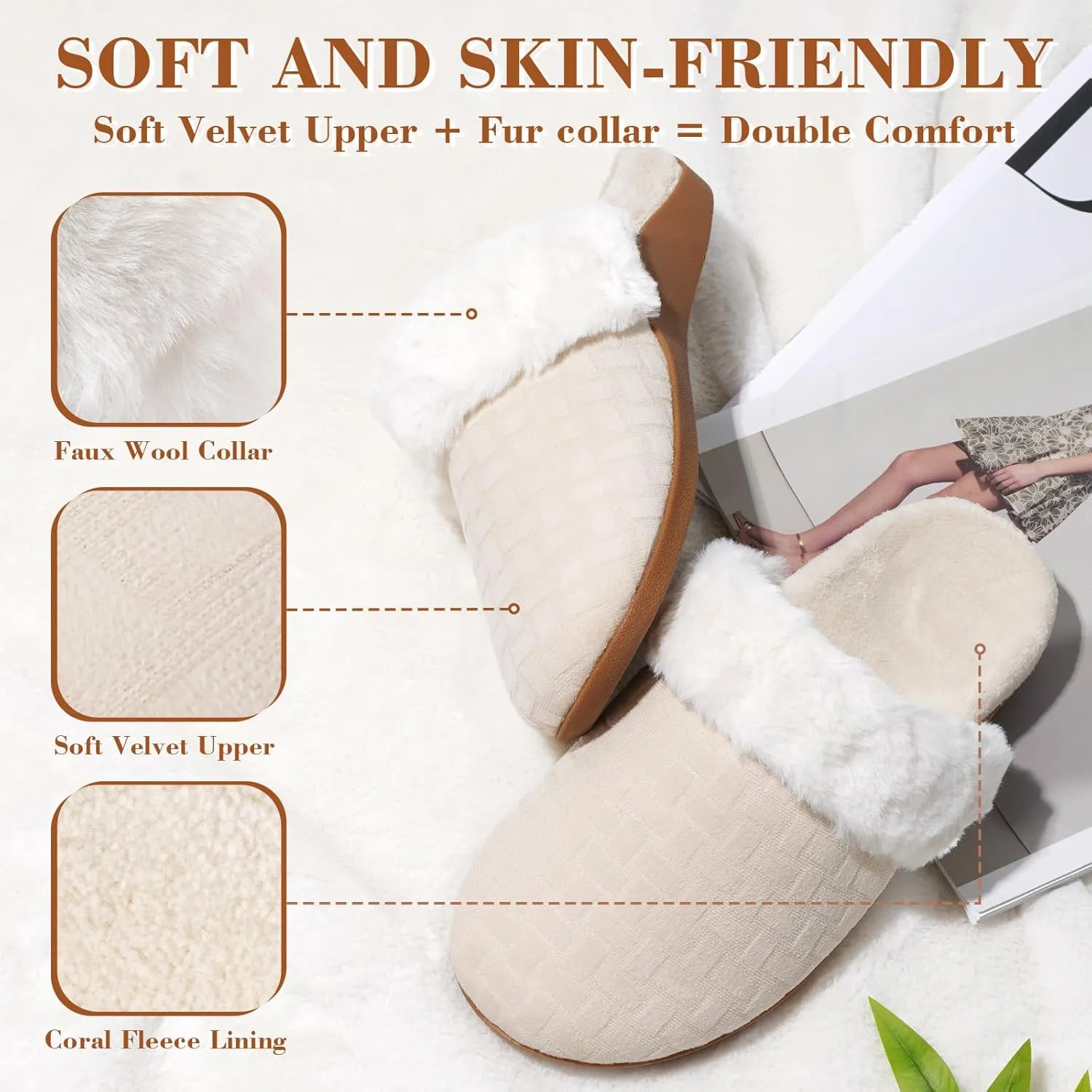 ERGOfoot Womens Orthopedic Fuzzy Slippers with Arch Support - Ideal for Plantar Fasciitis, Slip-On Bedroom House Shoes with Indoor/Outdoor Anti-Skid Rubber Sole