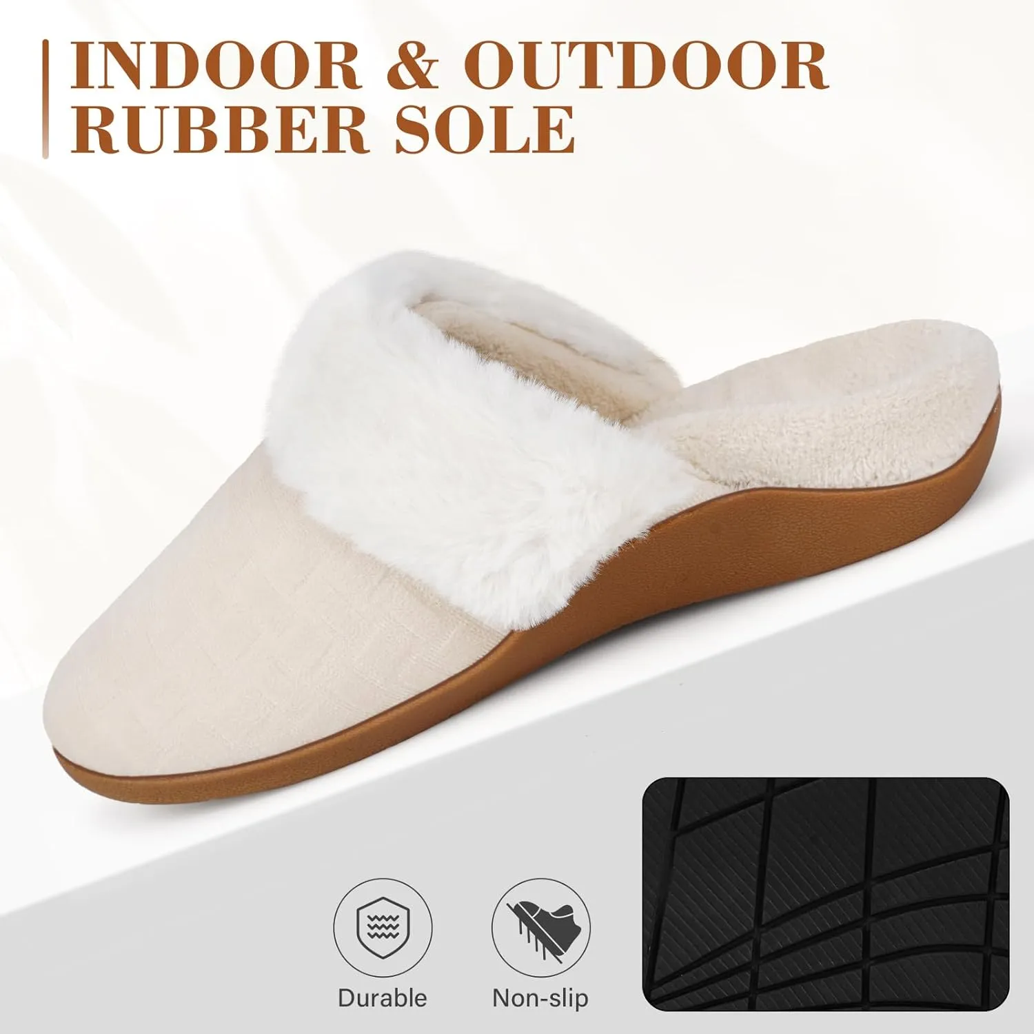 ERGOfoot Womens Orthopedic Fuzzy Slippers with Arch Support - Ideal for Plantar Fasciitis, Slip-On Bedroom House Shoes with Indoor/Outdoor Anti-Skid Rubber Sole