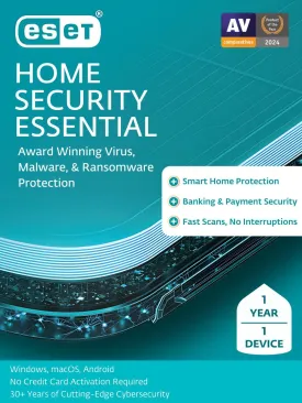 ESET Home Security Essential | Antivirus | 2025 Edition | 1 Device | 1 Year | Parental Control | Privacy | IOT Protection | Ransomware | Digital Download [PC/Mac/Android]