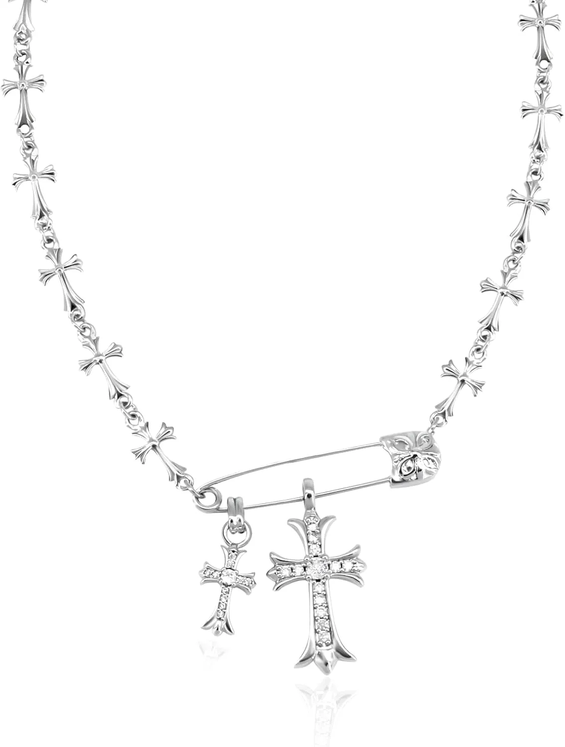 Faith Cross Necklaces for Women Silver Safety Pin Gothic Cross Cubic Zirconia Pendant Necklace, Aesthetic Necklace Punk Goth Jewelry for Women Men