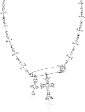 Faith Cross Necklaces for Women Silver Safety Pin Gothic Cross Cubic Zirconia Pendant Necklace, Aesthetic Necklace Punk Goth Jewelry for Women Men