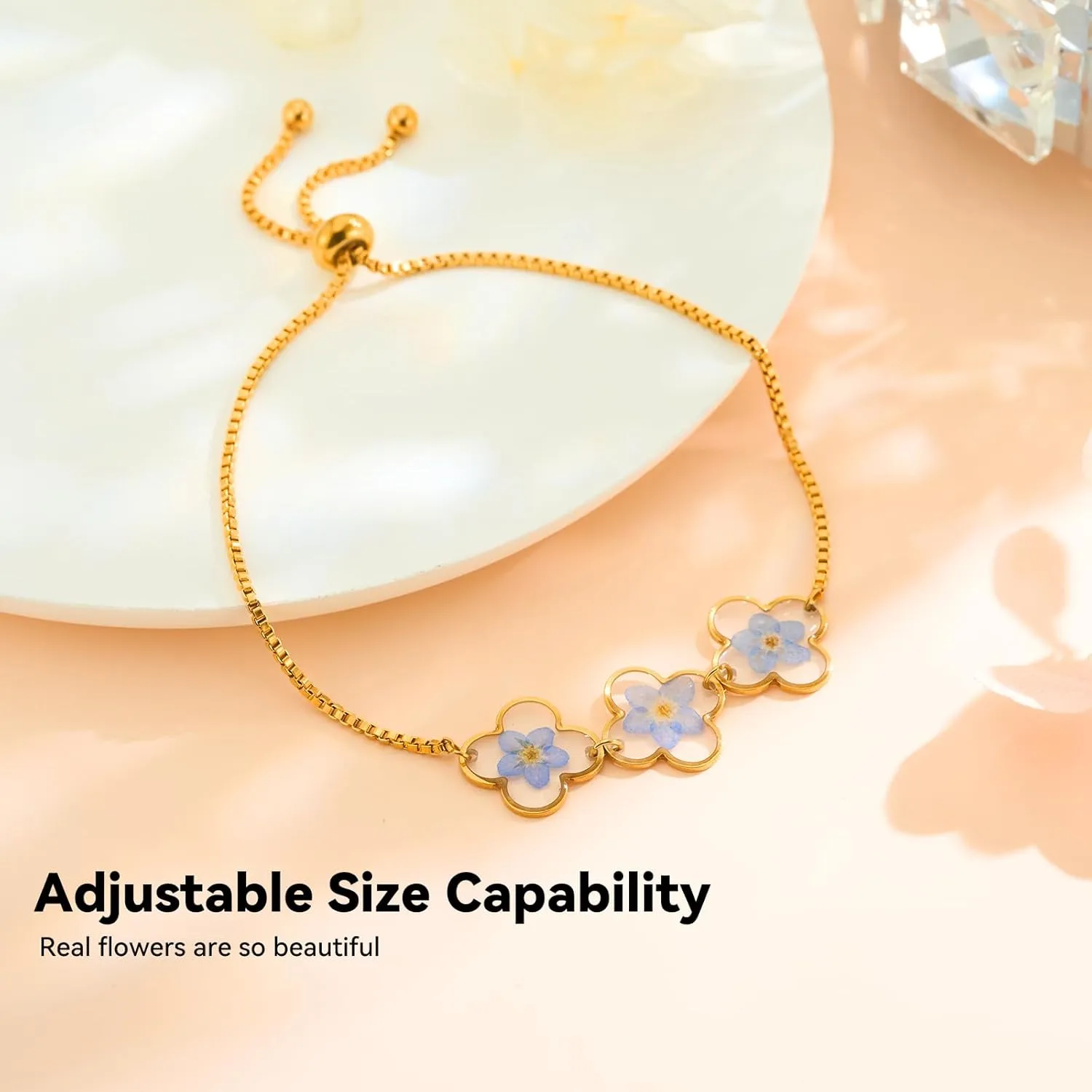 Forget Me Not Bracelet - KBFORU Handmade Pressed Flower Bracelets For Women - Real Wildflowers Bracelet Nature-Inspired Gift - Dainty Personalized Bracelet | Adjustable(Gold) leaf
