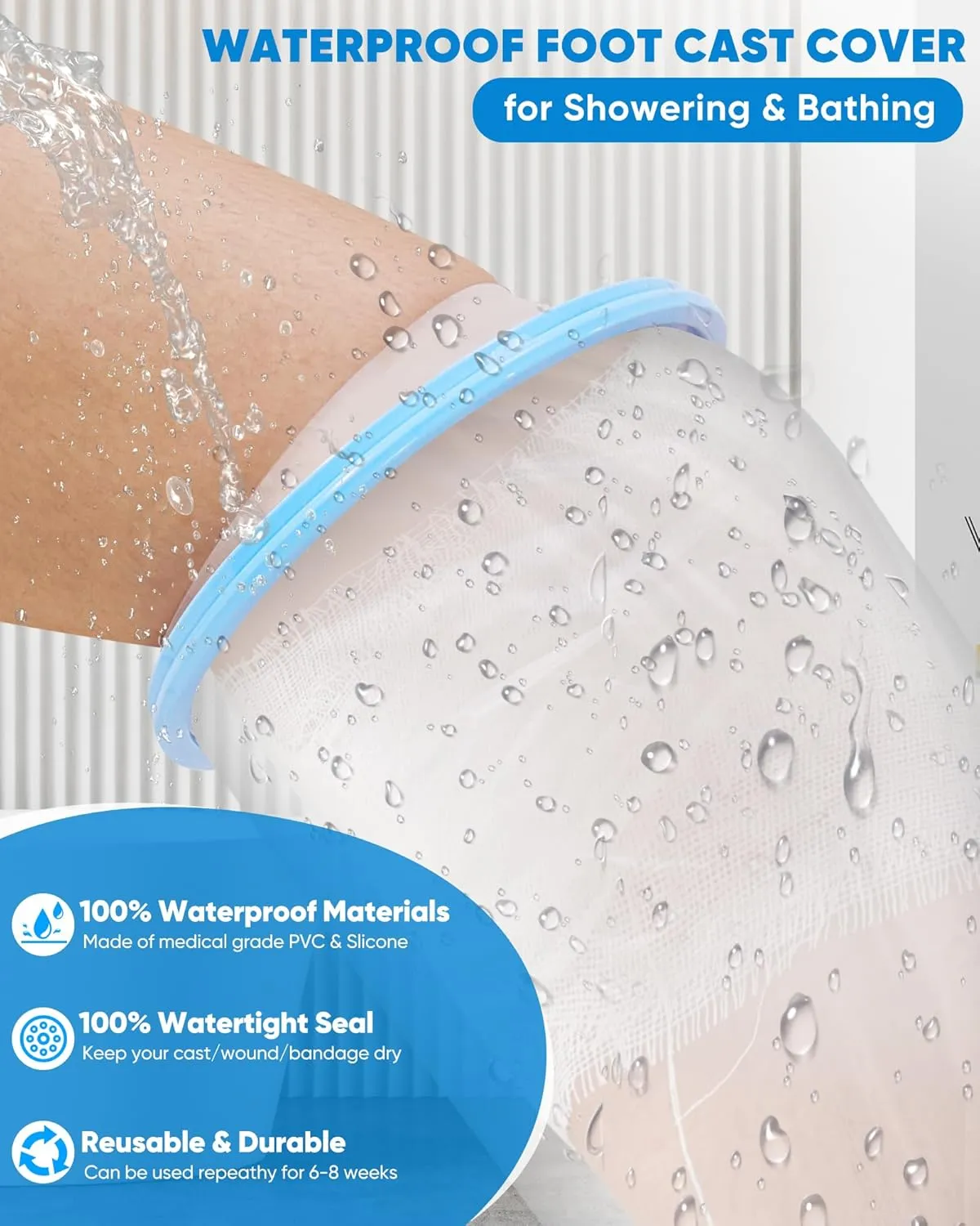 Forias Waterproof Foot Cover for Shower After Surgery, Reusable Adult Cast Shower Cover Watertight Cast Bags for Surgery Ankle Wound and Burns, Foot Cast Cover 12.2'' x 13.8''