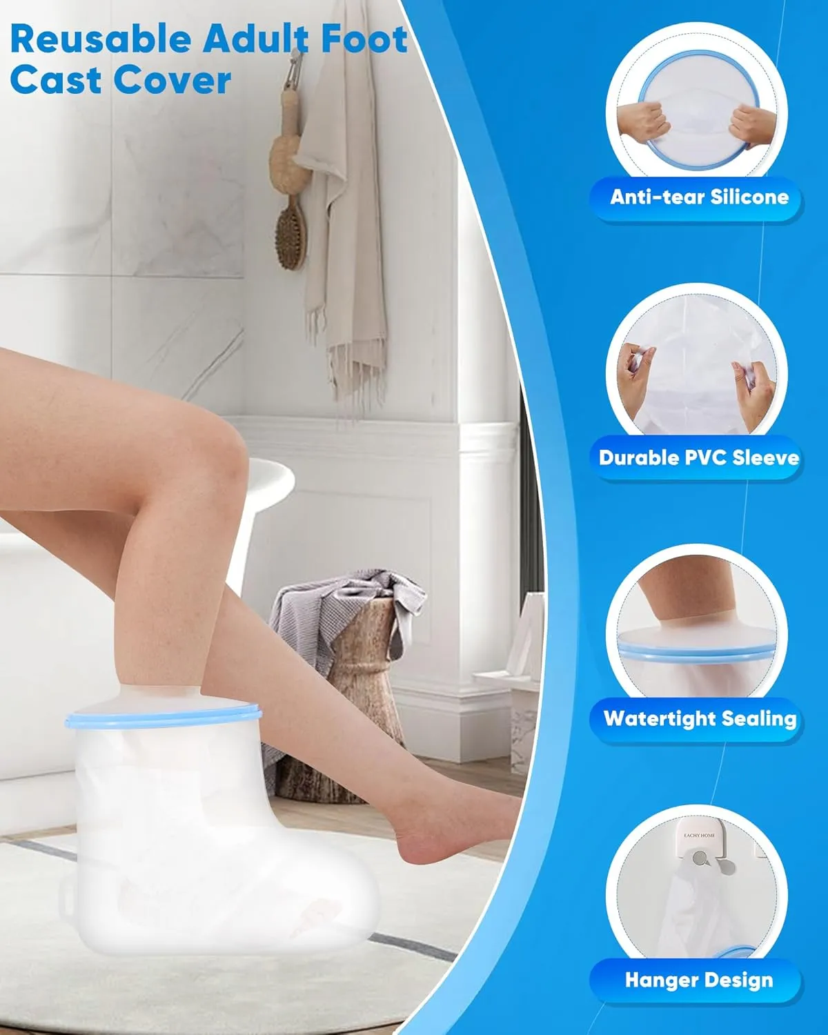 Forias Waterproof Foot Cover for Shower After Surgery, Reusable Adult Cast Shower Cover Watertight Cast Bags for Surgery Ankle Wound and Burns, Foot Cast Cover 12.2'' x 13.8''