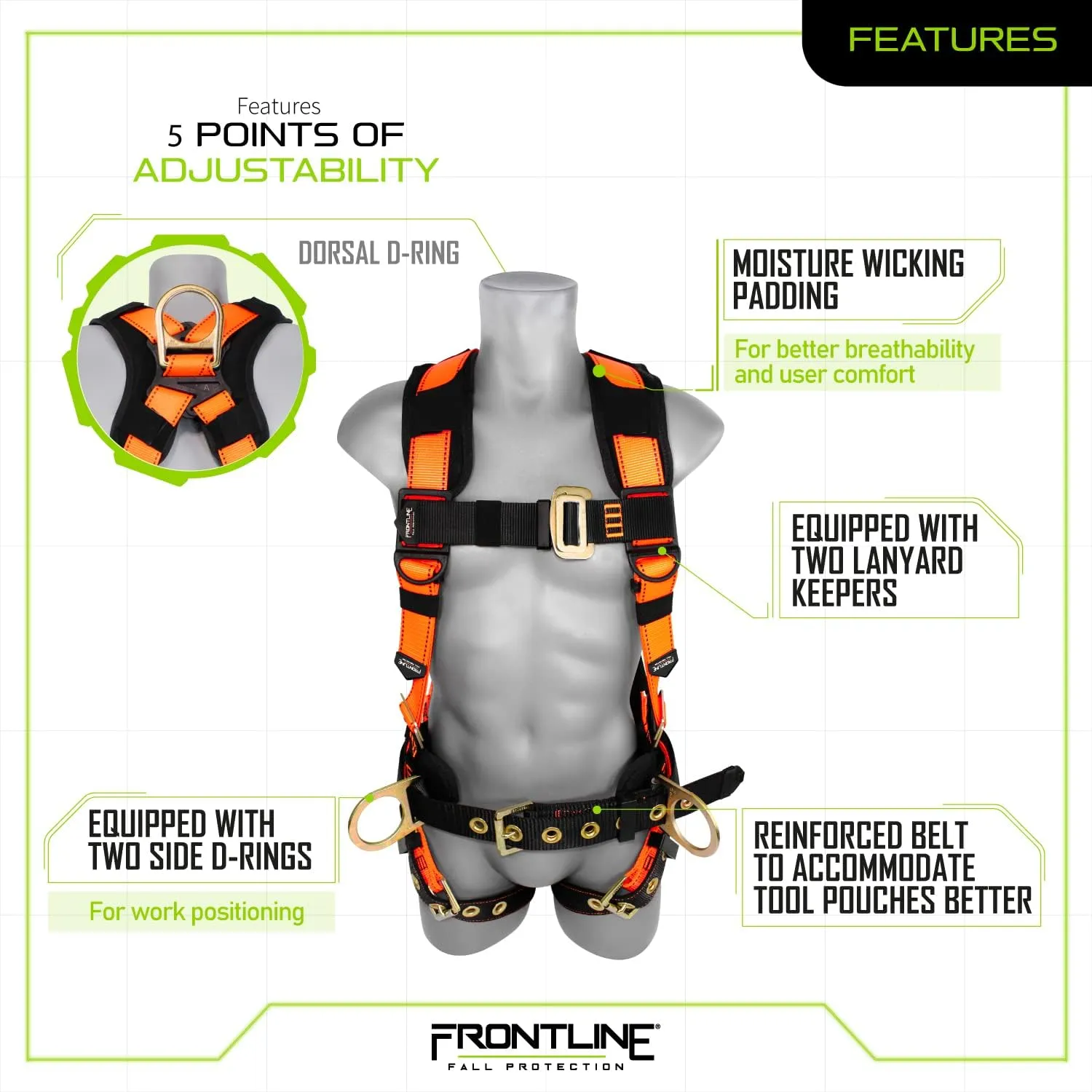 FRONTLINE FALL PROTECTION Harnesses   D-Ring  Multiple Styles   OSHA and ANSI compliant