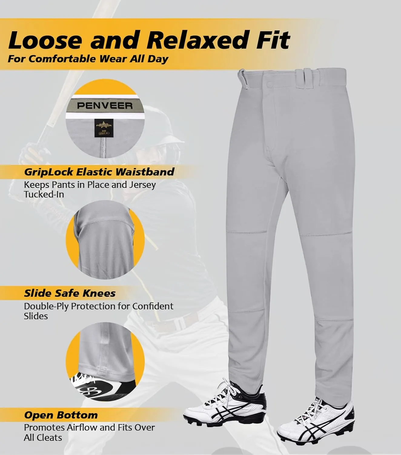 Full Length Men's Baseball Pants, Open Bottom, Loose Fit Adult Baseball Pants with Adjustable Length