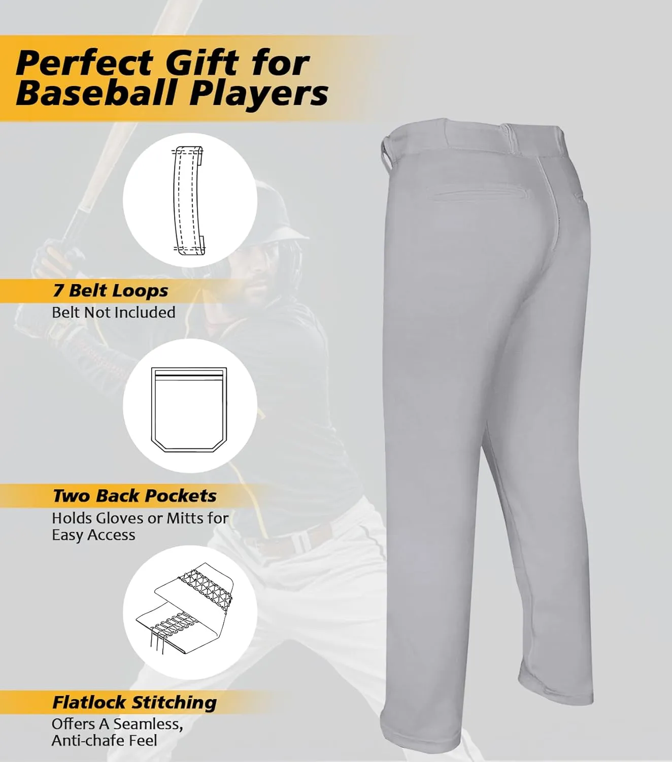 Full Length Men's Baseball Pants, Open Bottom, Loose Fit Adult Baseball Pants with Adjustable Length