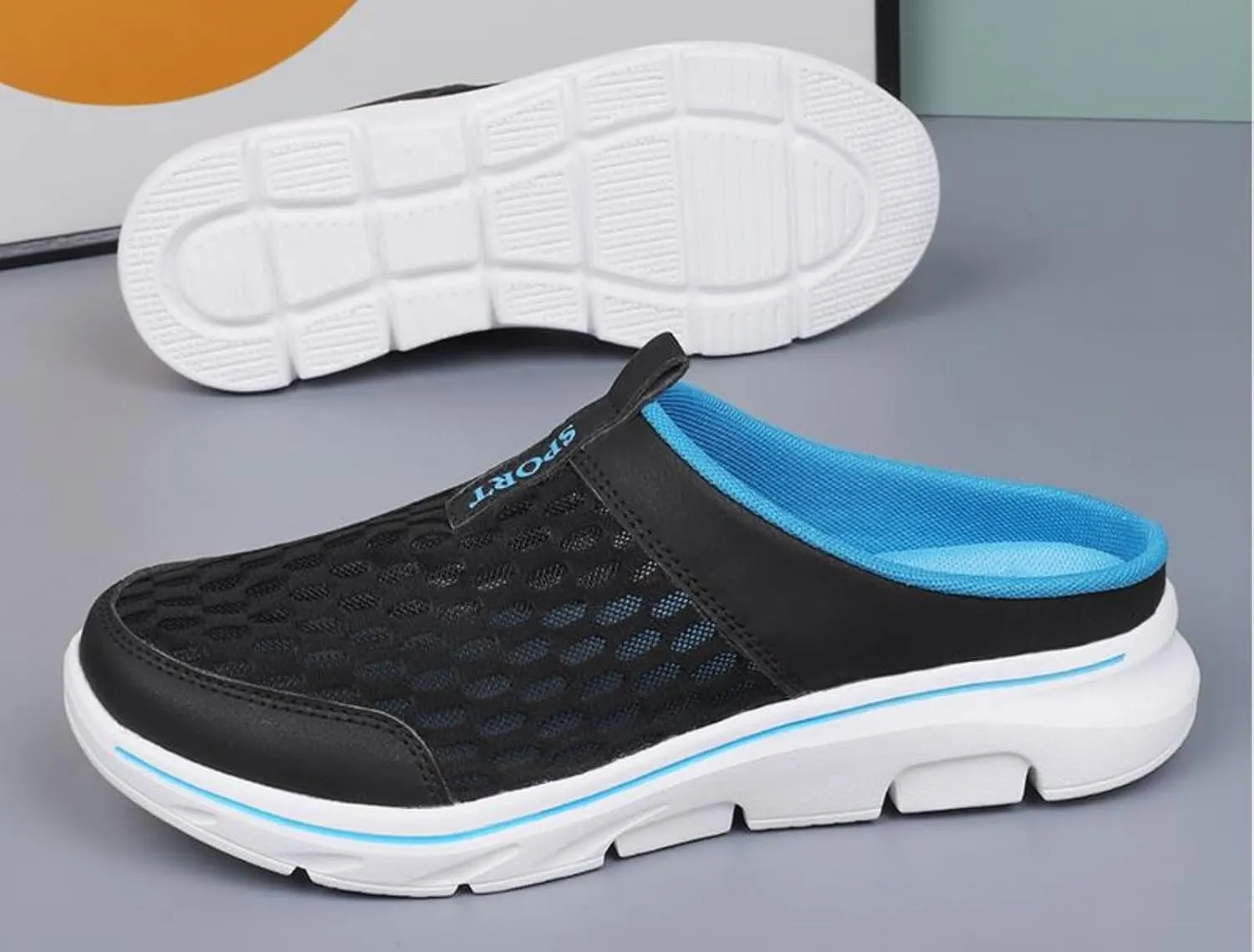 FUNCOS Men's Arch Support Slip-On Mules - Breathable Mesh Walking Shoes with Memory Foam, Lightweight Comfortable House Slippers for Indoor & Outdoor