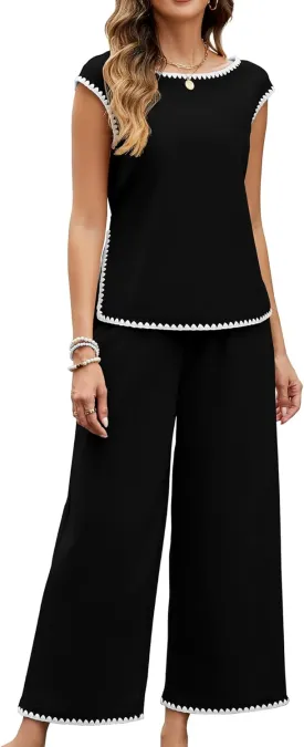 Gardenwed Women's Two Piece Outfit, Cap Sleeve Top and Wide Leg Pants Elegant Summer Set with Trim Design