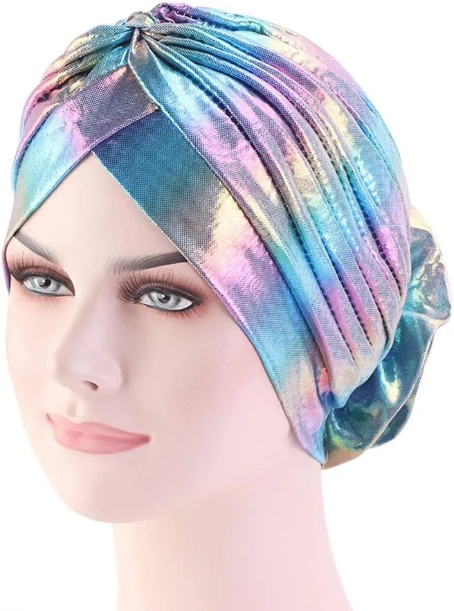 Glitter Laser Flower Turban Colourful Beanie Cap Stretchy Hair Wrap for Women