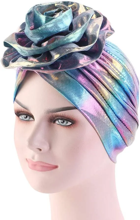 Glitter Laser Flower Turban Colourful Beanie Cap Stretchy Hair Wrap for Women
