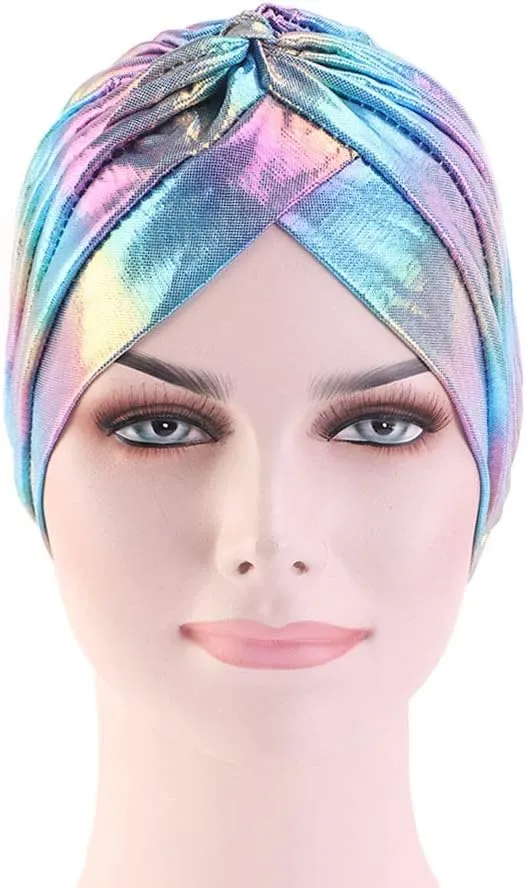Glitter Laser Flower Turban Colourful Beanie Cap Stretchy Hair Wrap for Women