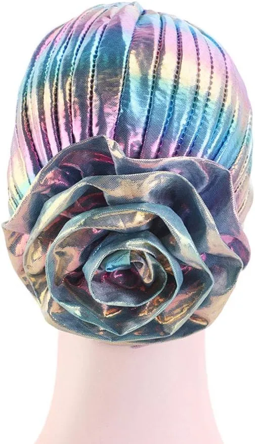 Glitter Laser Flower Turban Colourful Beanie Cap Stretchy Hair Wrap for Women