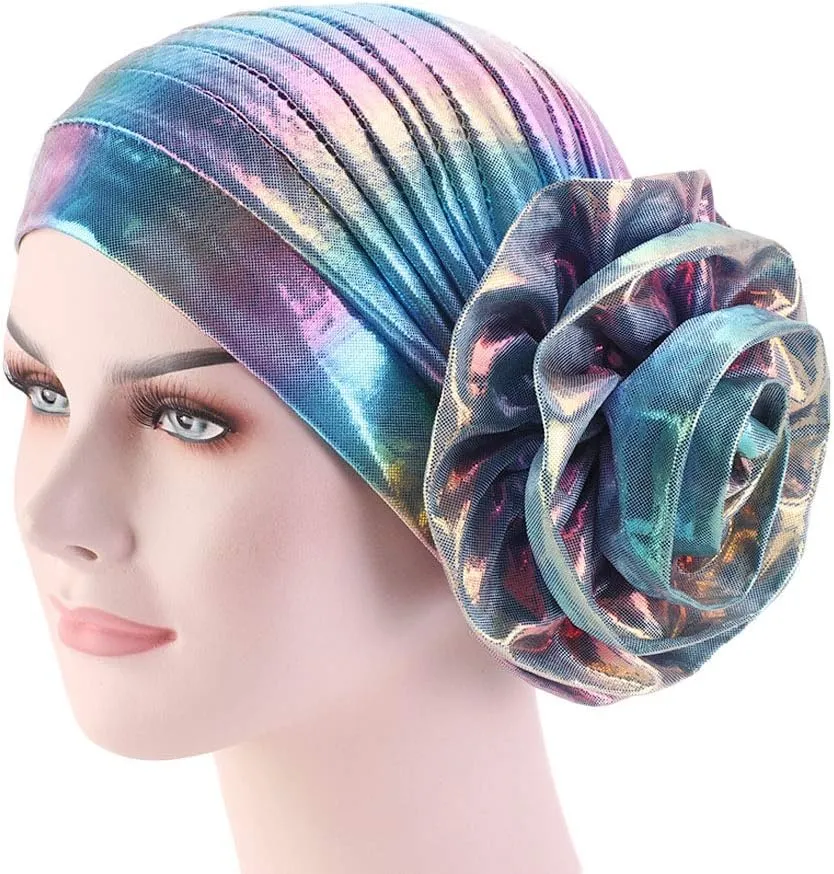 Glitter Laser Flower Turban Colourful Beanie Cap Stretchy Hair Wrap for Women