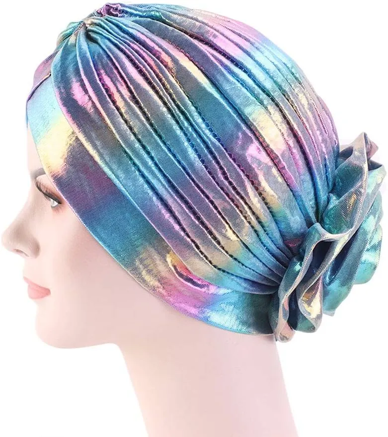 Glitter Laser Flower Turban Colourful Beanie Cap Stretchy Hair Wrap for Women