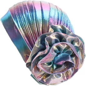 Glitter Laser Flower Turban Colourful Beanie Cap Stretchy Hair Wrap for Women