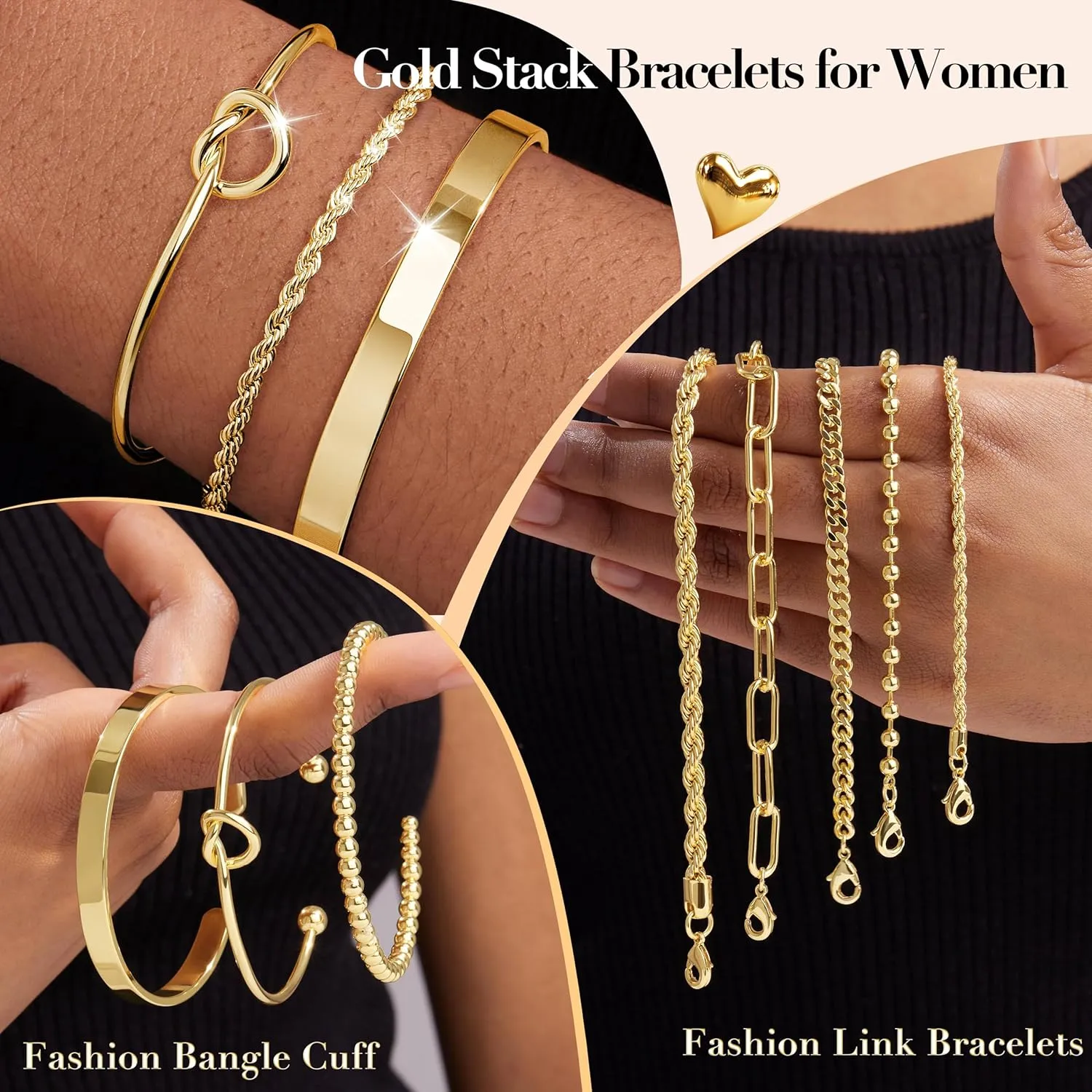 Gold Bangle Bracelets for Women Stack, 14k Gold Plated Cuff Set Trendy Jewelry for Women Fashion
