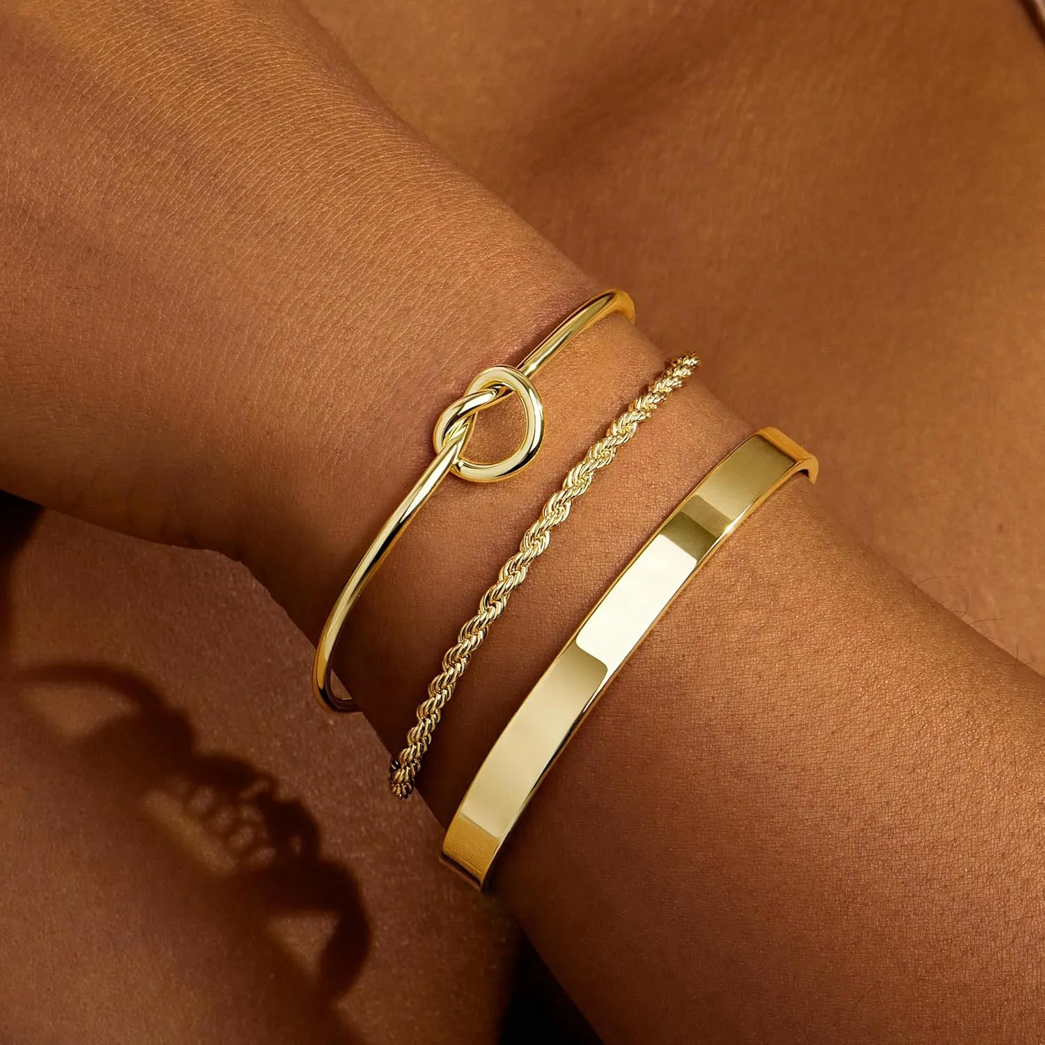 Gold Bangle Bracelets for Women Stack, 14k Gold Plated Cuff Set Trendy Jewelry for Women Fashion