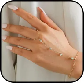 Gold Hand Chain Bracelet for Women Ring Bracelet Hand Chain Rhinestone Finger Ring Bracelet Heart Zircon Hand Chain Minimalist Boho Beach Hand Jewelry