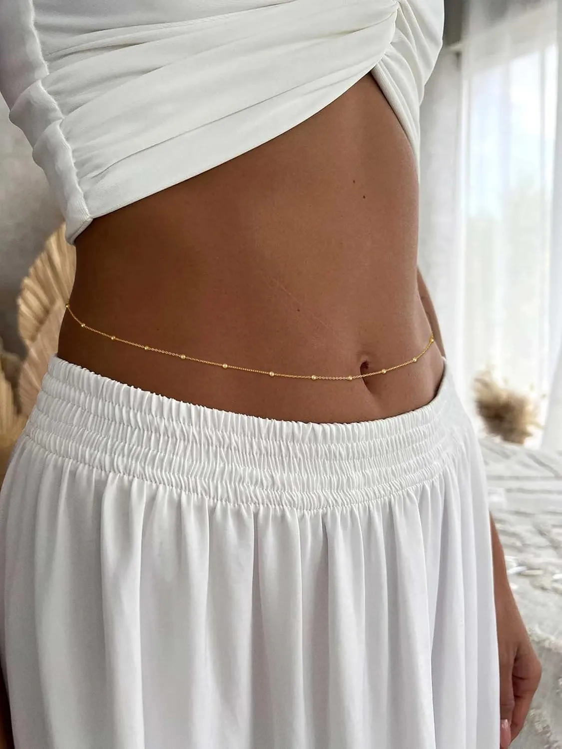 Gold Waist Chain for Women Dainty 14K Gold Plated Layered Belly Chain Adjustable Bikini Belly Beads for the Waist Waterproof Beach Accessories Body Chain Jewelry for Gifts