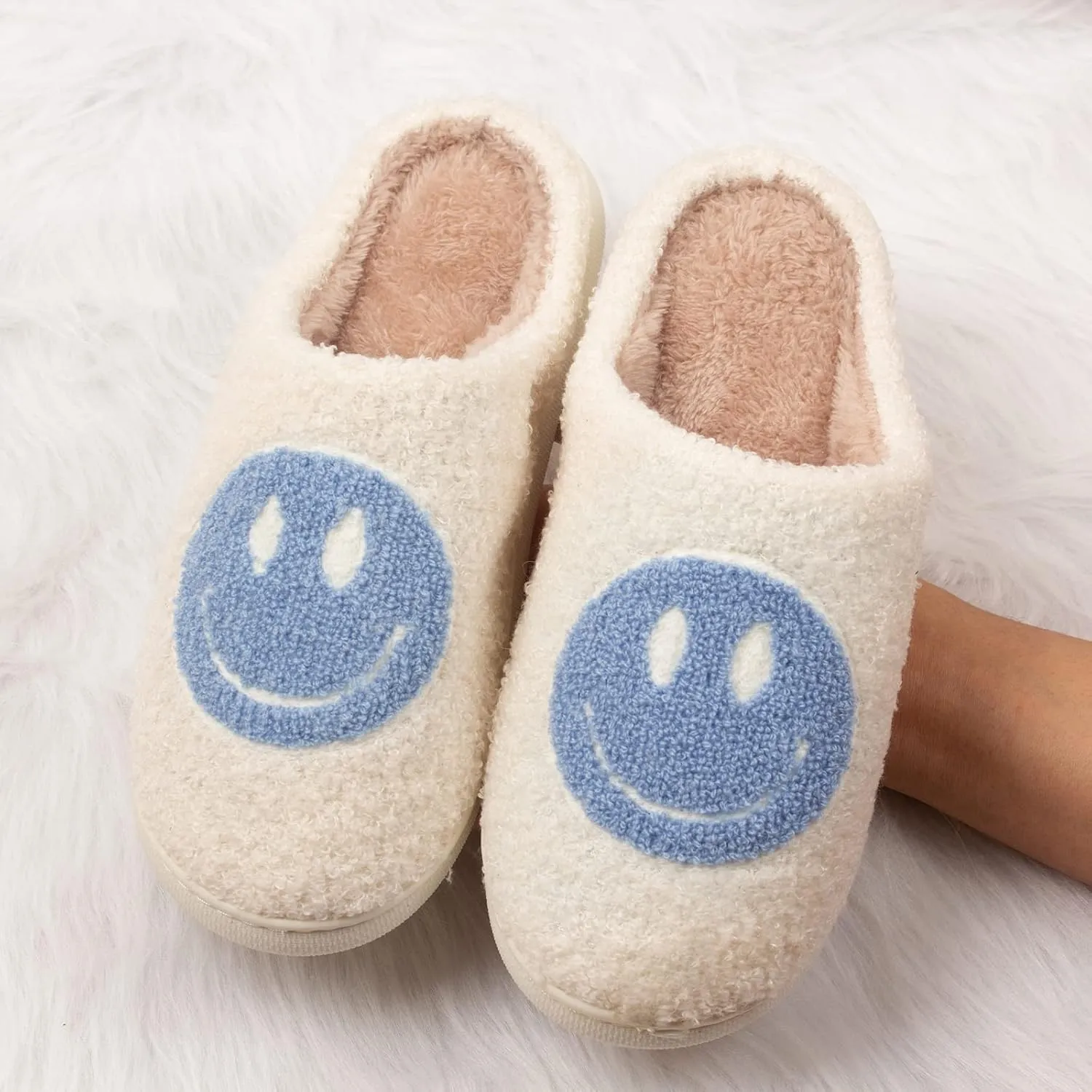 Happy Face Slippers Retro Cozy Comfy Plush Warm Slip-on Slippers Winter Soft Fuzzy Indoor House Shoes with Memory Foam for Men Women