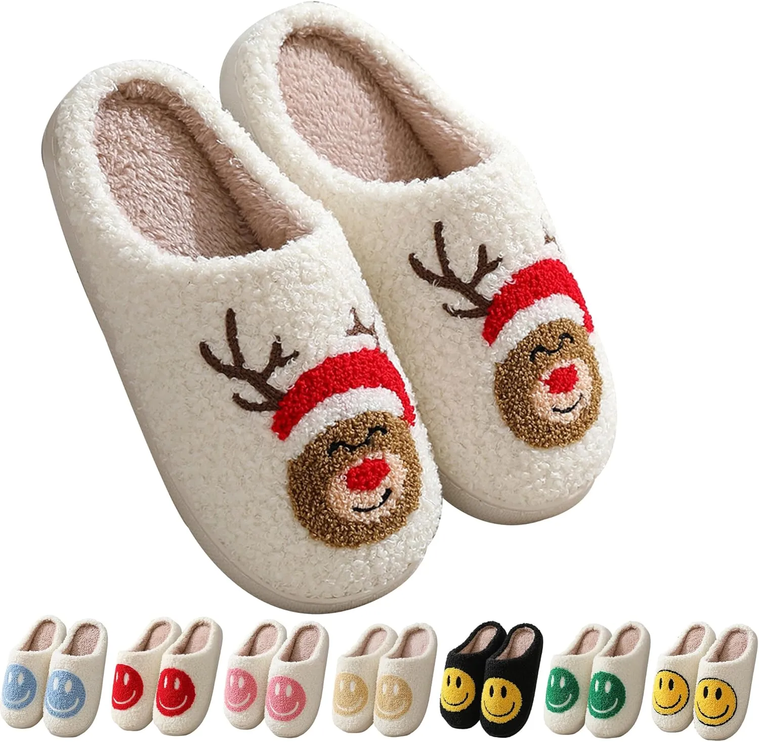 Happy Face Slippers Retro Cozy Comfy Plush Warm Slip-on Slippers Winter Soft Fuzzy Indoor House Shoes with Memory Foam for Men Women