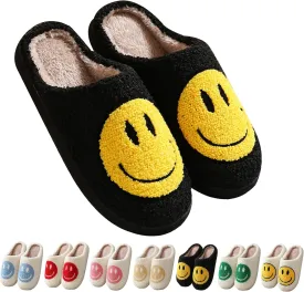 Happy Face Slippers Retro Cozy Comfy Plush Warm Slip-on Slippers Winter Soft Fuzzy Indoor House Shoes with Memory Foam for Men Women