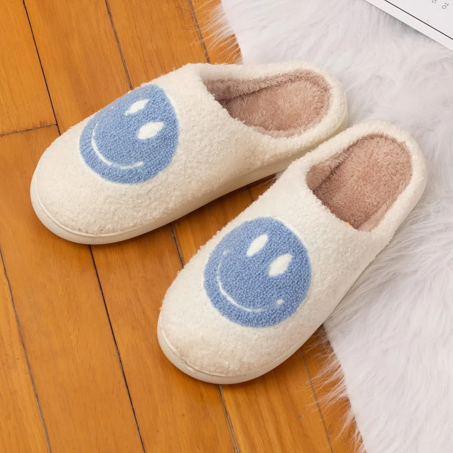 Happy Face Slippers Retro Cozy Comfy Plush Warm Slip-on Slippers Winter Soft Fuzzy Indoor House Shoes with Memory Foam for Men Women