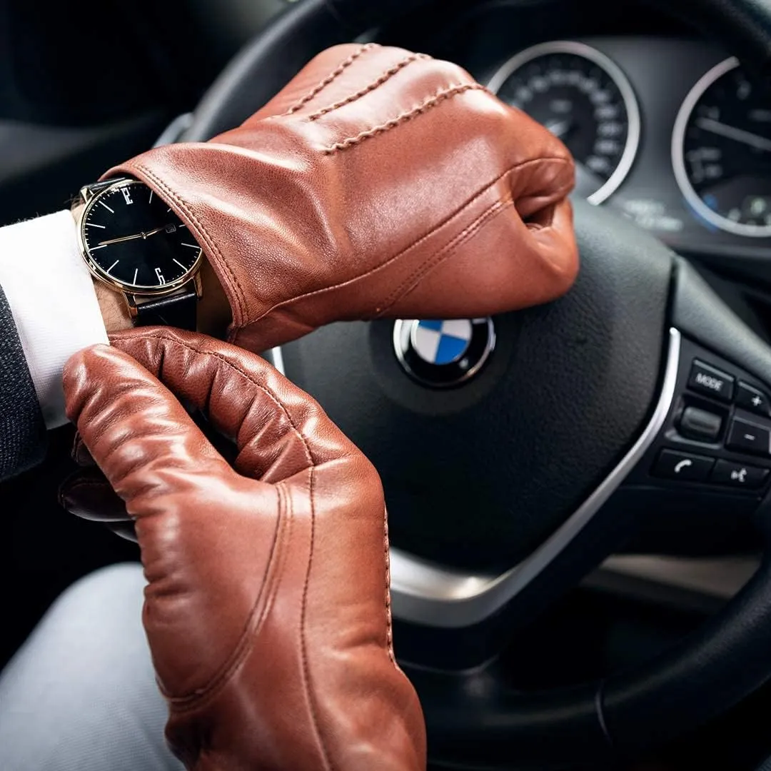 Harssidanzar Leather Gloves for Men,Winter Sheepskin Driving Gloves Cashmere Lined