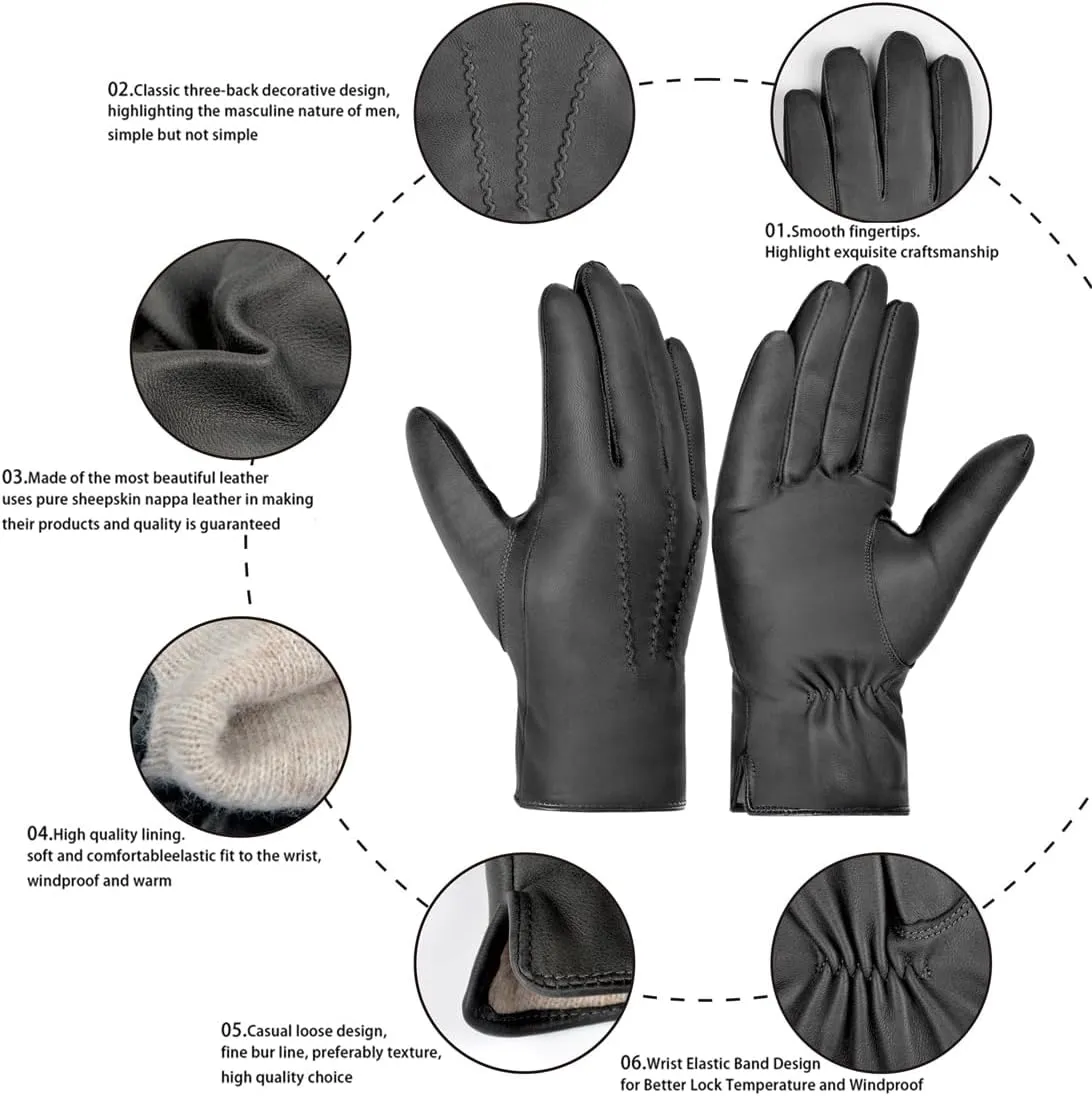 Harssidanzar Leather Gloves for Men,Winter Sheepskin Driving Gloves Cashmere Lined