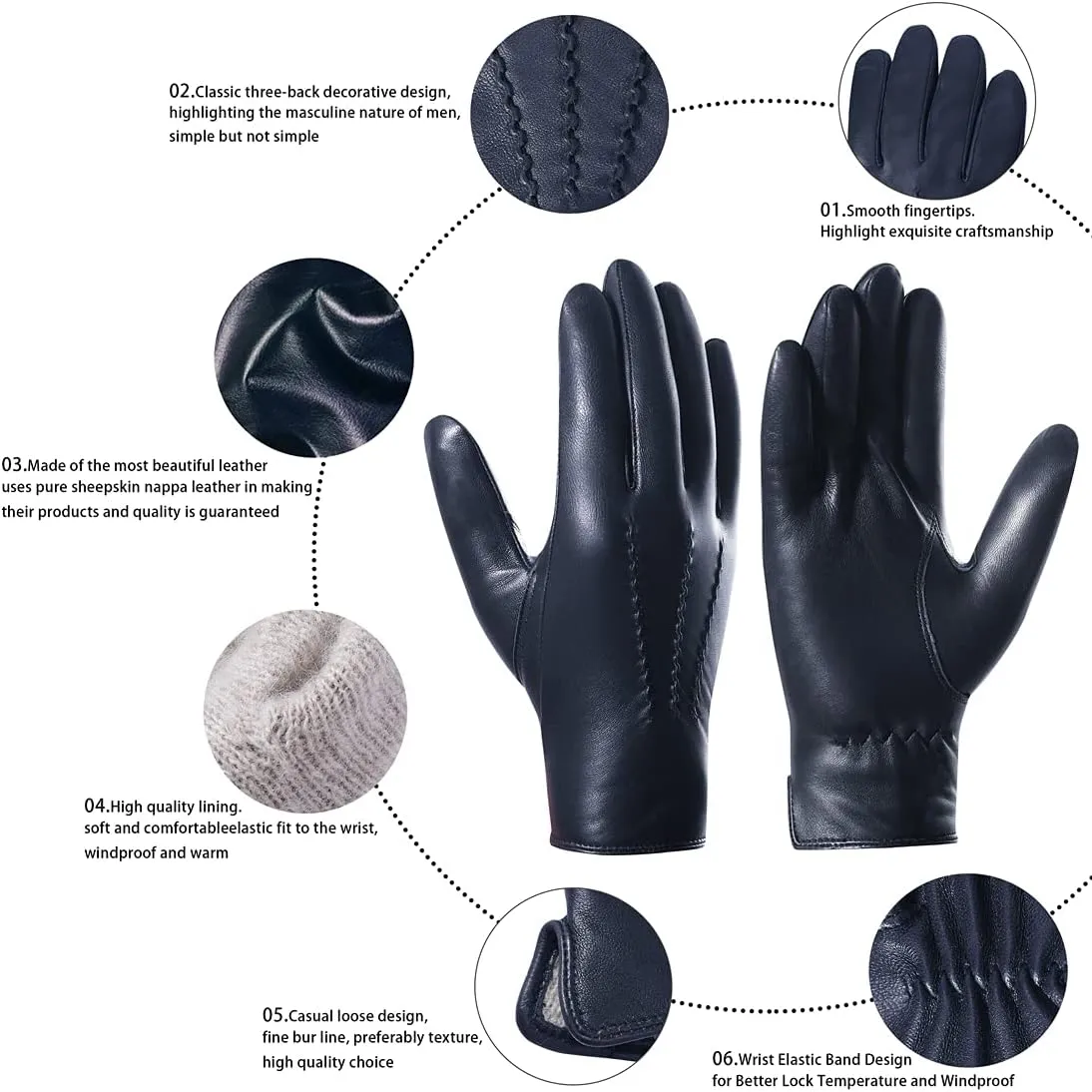 Harssidanzar Leather Gloves for Men,Winter Sheepskin Driving Gloves Cashmere Lined