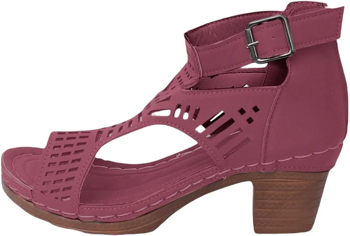 Heeled Sandals for Women 2025 Bohemian Cutout Open Toe Sandals Ankle Strap Buckle Adjustable Booties Back Zipper Fashion Summer Shoes Leather Peep Vacation Slip On Platform Shoes