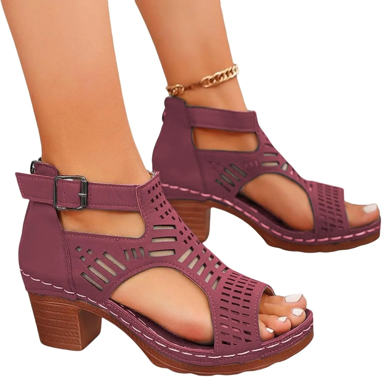 Heeled Sandals for Women 2025 Bohemian Cutout Open Toe Sandals Ankle Strap Buckle Adjustable Booties Back Zipper Fashion Summer Shoes Leather Peep Vacation Slip On Platform Shoes