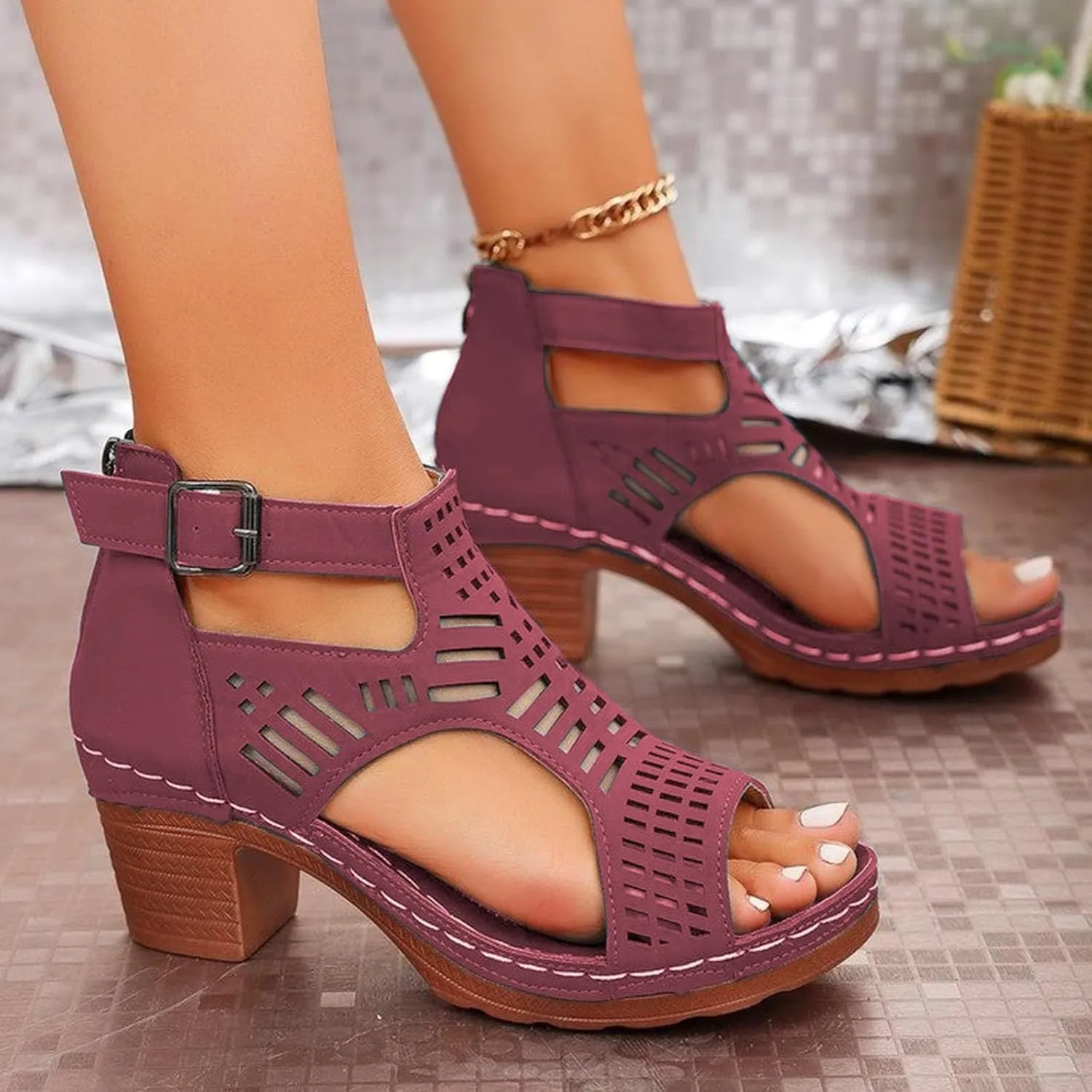 Heeled Sandals for Women 2025 Bohemian Cutout Open Toe Sandals Ankle Strap Buckle Adjustable Booties Back Zipper Fashion Summer Shoes Leather Peep Vacation Slip On Platform Shoes