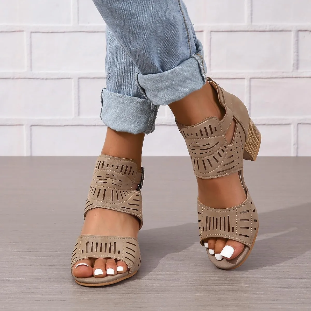 Heeled Sandals for Women Hollow Out Peep Toe Summer Chunky Stacked Heel Slingback Ankle Strap Booties, Comfortable Breathable Open Toe Heeled Mules Chunky Block Low Heel Slip On Slides