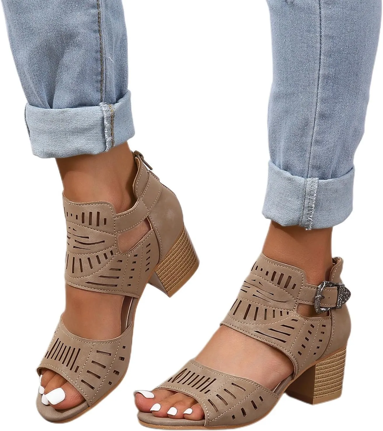 Heeled Sandals for Women Hollow Out Peep Toe Summer Chunky Stacked Heel Slingback Ankle Strap Booties, Comfortable Breathable Open Toe Heeled Mules Chunky Block Low Heel Slip On Slides