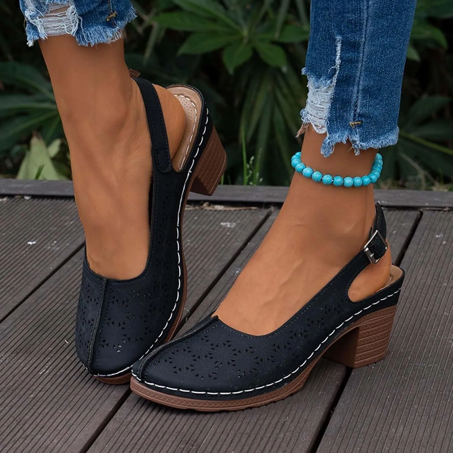 Heeled Sandals Orthopedic Slingback Slip On Chunky Low Heel Sandals Closed Toe Breathable Slingback Ankle Strap Walking Shoes Hollow Out Summer Outdoor Womens Shoes