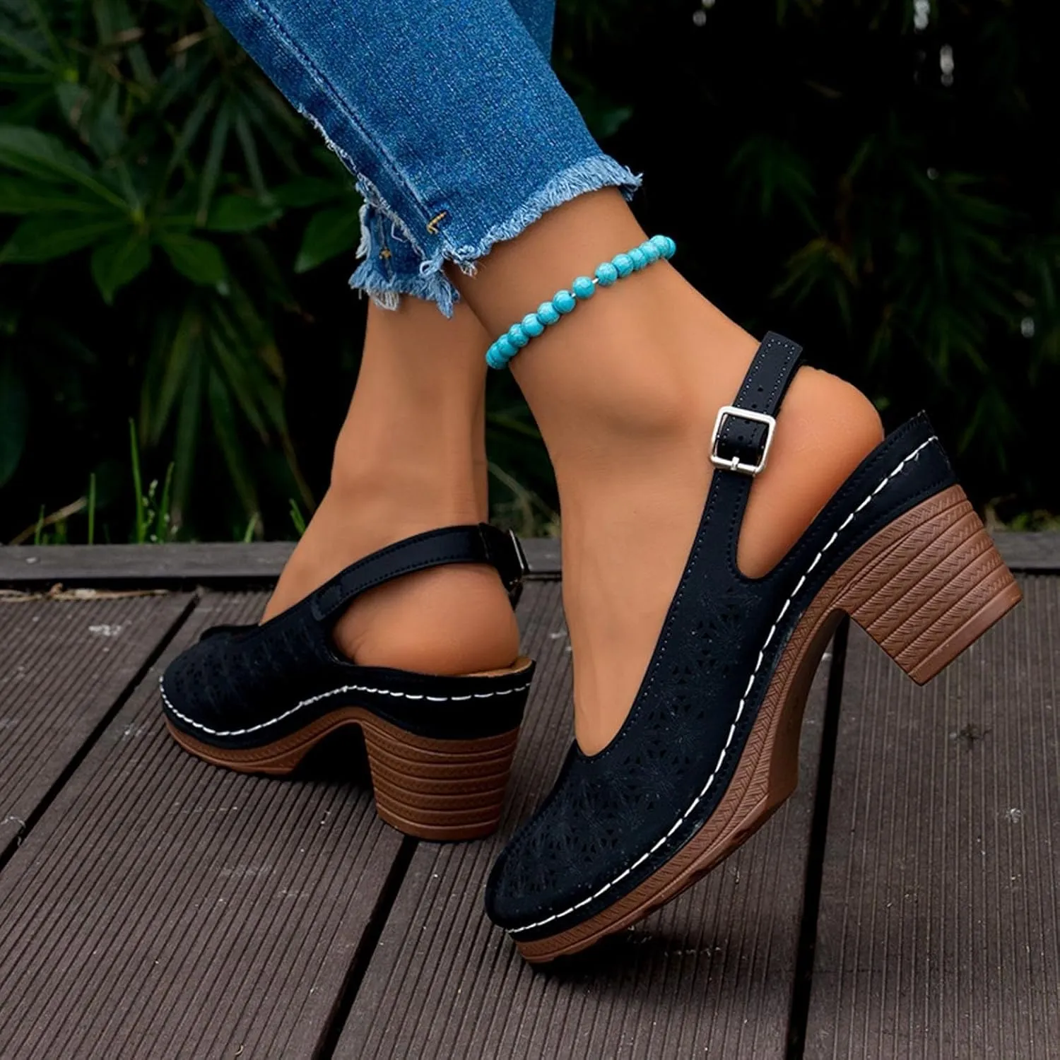 Heeled Sandals Orthopedic Slingback Slip On Chunky Low Heel Sandals Closed Toe Breathable Slingback Ankle Strap Walking Shoes Hollow Out Summer Outdoor Womens Shoes