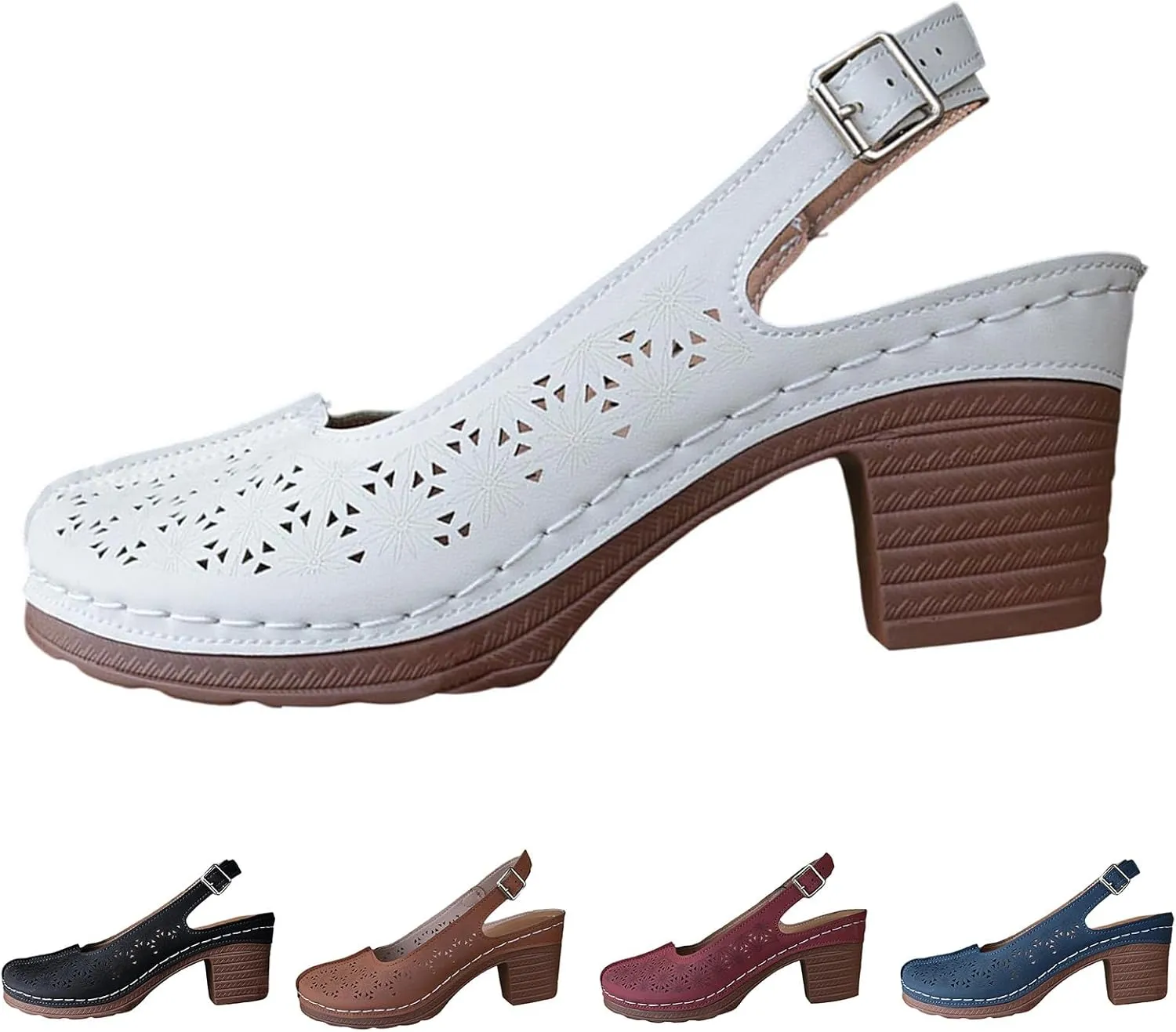 Heeled Sandals Orthopedic Slingback Slip On Chunky Low Heel Sandals Closed Toe Breathable Slingback Ankle Strap Walking Shoes Hollow Out Summer Outdoor Womens Shoes
