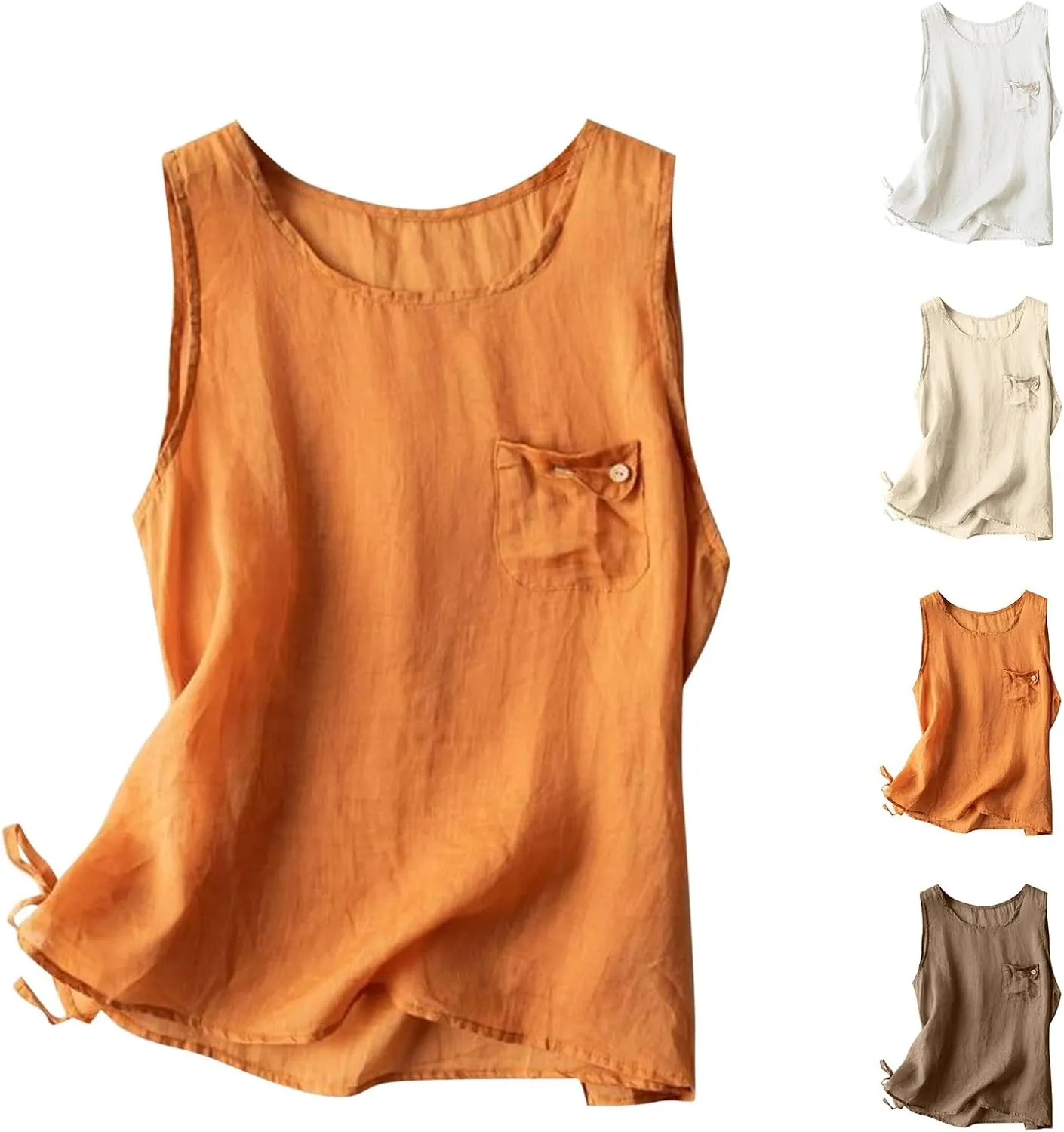 HGps8w Cotton Linen Tank Tops for Women Casual Summer Loose Crew Neck Minimalist Sleeveless Tunic Shirts with Chest Pocket