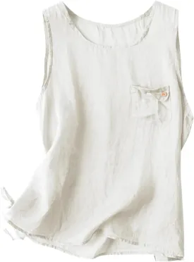 HGps8w Cotton Linen Tank Tops for Women Casual Summer Loose Crew Neck Minimalist Sleeveless Tunic Shirts with Chest Pocket