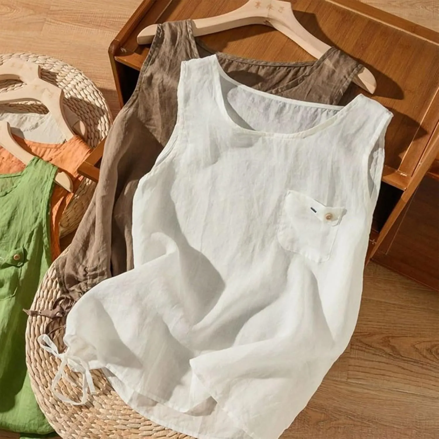 HGps8w Cotton Linen Tank Tops for Women Casual Summer Loose Crew Neck Minimalist Sleeveless Tunic Shirts with Chest Pocket