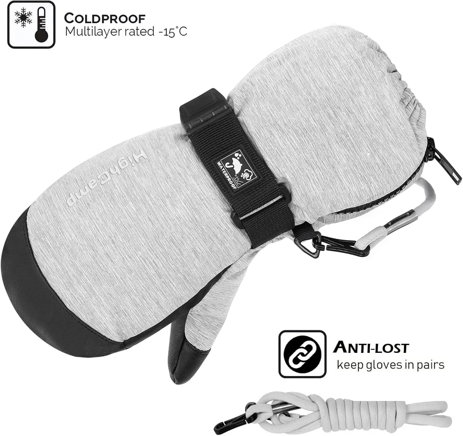 HIGHCAMP Kids Waterproof Snow Ski Gloves w/Zipper & String on Long Cuff Cold Weather Mitten for Toddler & Youth Boys Girls