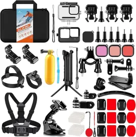 HONGDAK Action Camera Accessories Kit for GoPro Hero 13 12 11 10 9 Black, Waterproof Housing Silicone Case  Adjustable Arm Head Chest Wrist Strap Bike Mount Suction Cup Floating Grip Bundle Set 63in1