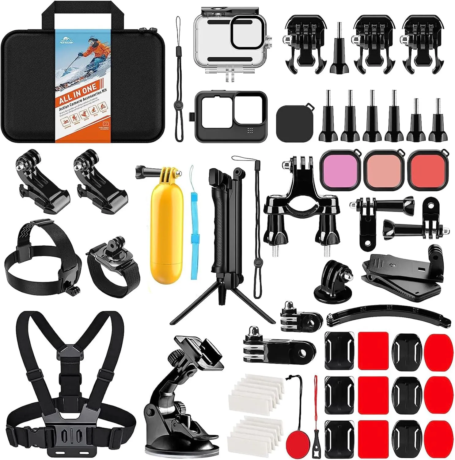 HONGDAK Action Camera Accessories Kit for GoPro Hero 13 12 11 10 9 Black, Waterproof Housing Silicone Case  Adjustable Arm Head Chest Wrist Strap Bike Mount Suction Cup Floating Grip Bundle Set 63in1