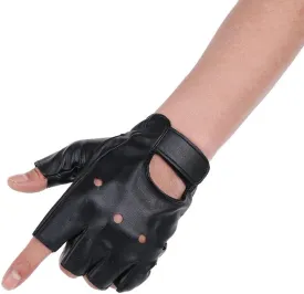 JISEN Men PU leather Gloves Steampunk Gothic Half Finger Hook-Loop Mittens