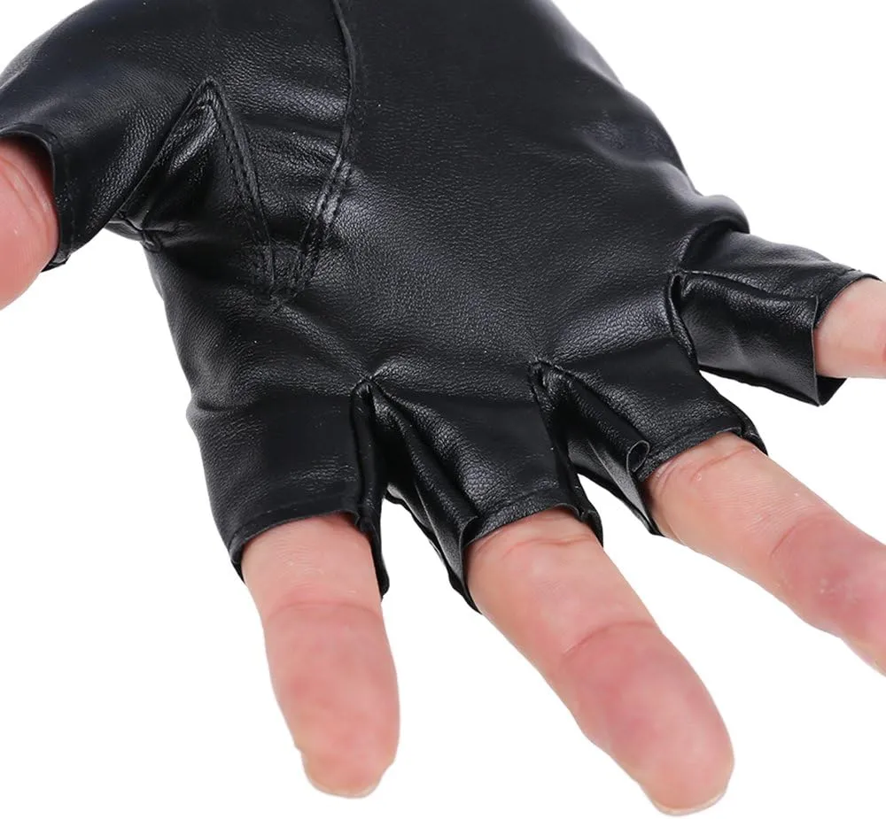 JISEN Men PU leather Gloves Steampunk Gothic Half Finger Hook-Loop Mittens