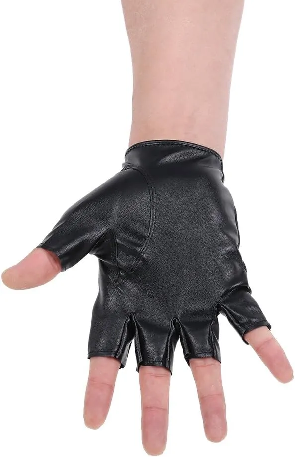 JISEN Men PU leather Gloves Steampunk Gothic Half Finger Hook-Loop Mittens