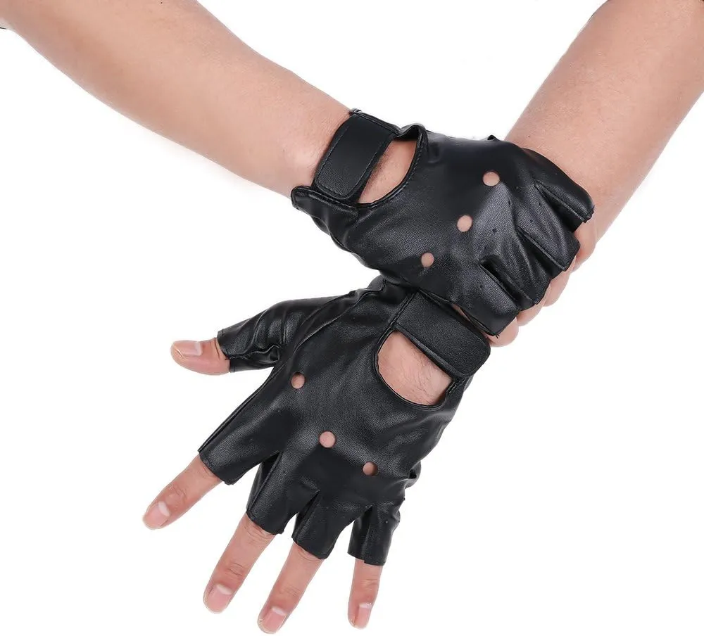 JISEN Men PU leather Gloves Steampunk Gothic Half Finger Hook-Loop Mittens