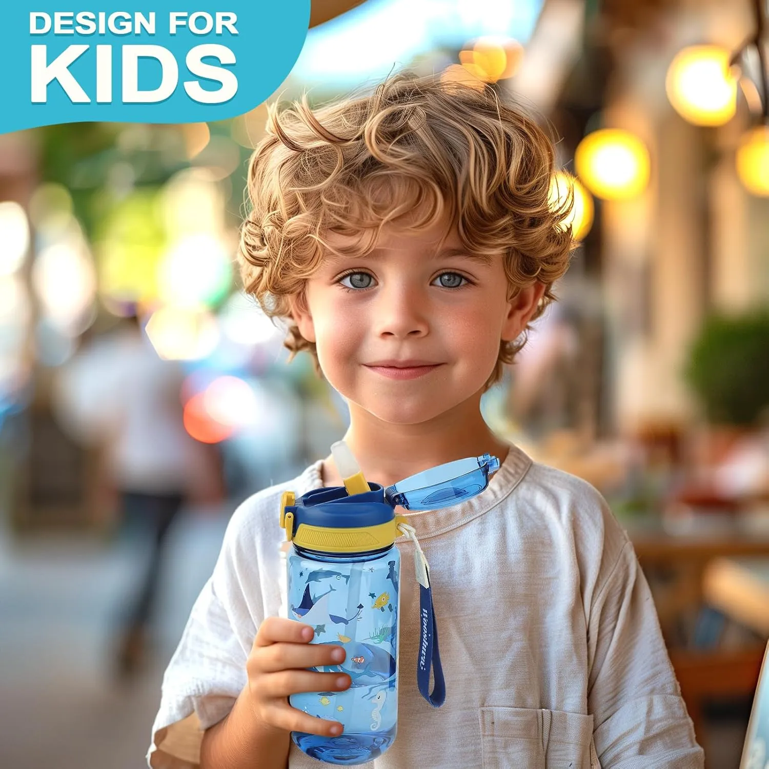 Kids Water Bottle for School or Travel, 20 Oz Durable Plastic Water Bottle with Silicone Straw and Pop-Up Spout Cover, BPA Free & Dishwasher Safe(Ocean Animals)